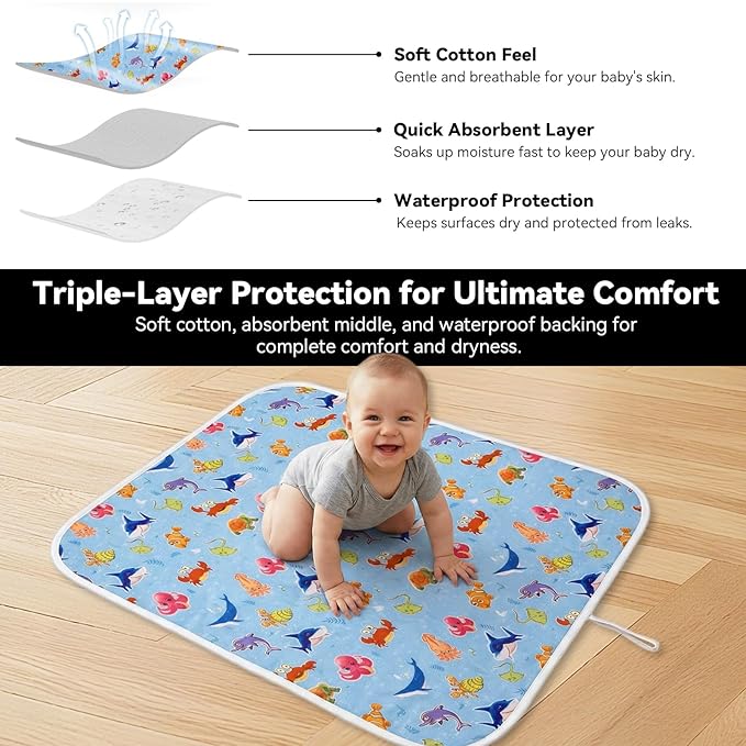 Baby Diaper Changing Mat, Waterproof, Absorbent, Soft Cotton Surface with EVA Backing, 30x24in Unfolded, Compact 8x2in with Storage Strap, Wipeable Diaper Changing Pad for Travel, Baby Gift