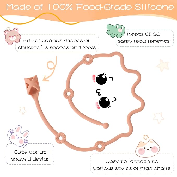 Baby Spoons Self Feeding 6 Month,SMAutoLife Toddler Utensils Holder Strap Food Grade Silicone Keep Fork and Spoon Off The Floor Great for Kids,Hook On High Chair(Apricot)