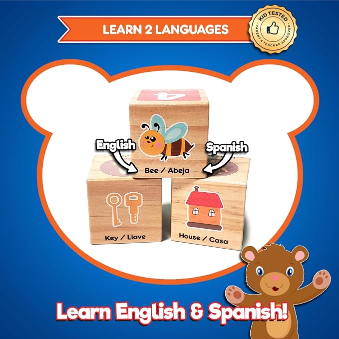 Alphabet Blocks Toys for Toddlers - Bilingual Educational Toys, Spanish Learning Toys, Stacking Toys with 30 Wooden Blocks and Toddler Learning Activities eBook