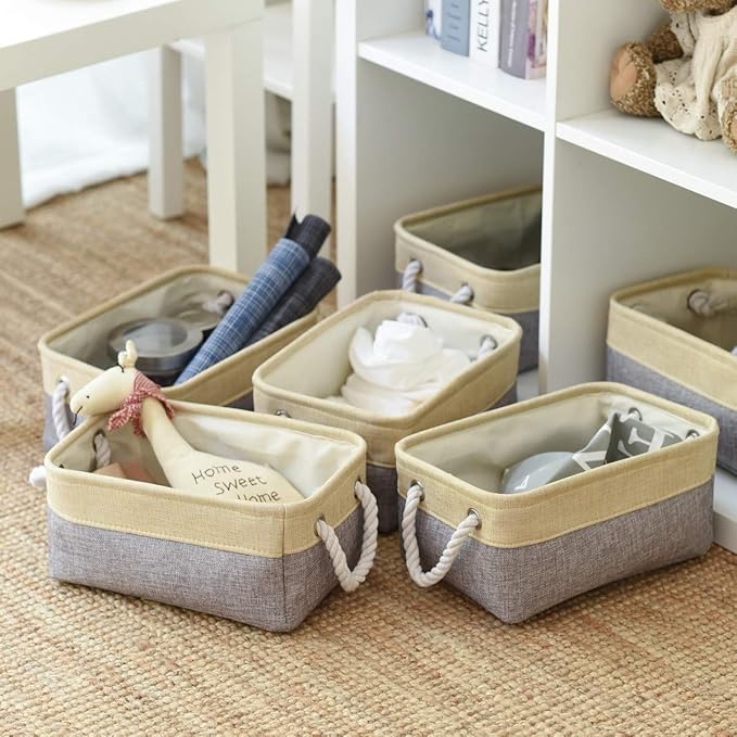 TheWarmHome Storage Baskets for Organizing - 11.8x7.8x5.2 inch Small 6 Pack Storage Bins for Shelve, Farbic Storage cubes Organizer for Baby Toys Nursery (Gold & Grey)