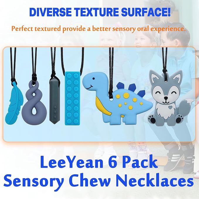 Chew Necklaces for Sensory Kids, Sensory Toys for Kids with Autism, ADHD, SPD, 6 Pack Chewy Necklace for Anxiety Fidgeting Relief