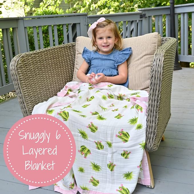 LollyBanks Muslin Quilt Blanket, Large 47 x 47 Inches Versatile Crib Blanket for Baby Girls, 6 Layers Newborn Blanket, Soft Blend 70% Viscose Made from Bamboo + 30% Cotton, Registry (Cactus Print)