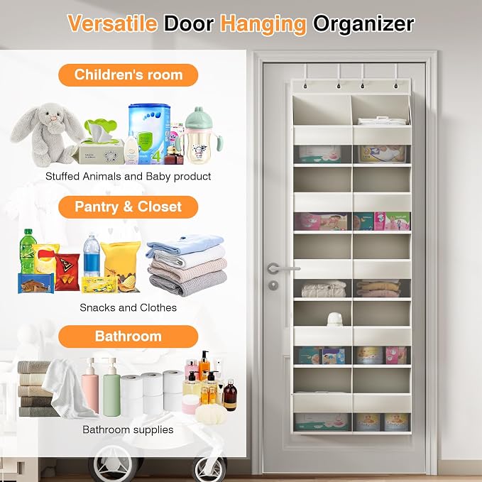 Over the Door Organizer 5 Tiers, Extra Large Behind Door Storage of 10 Big Front 10 Mesh Pockets, 80 lbs Door Organizer Hanging Heavy Duty Over the Door Storag for Closet Bedroom Nursery Pantry Beige