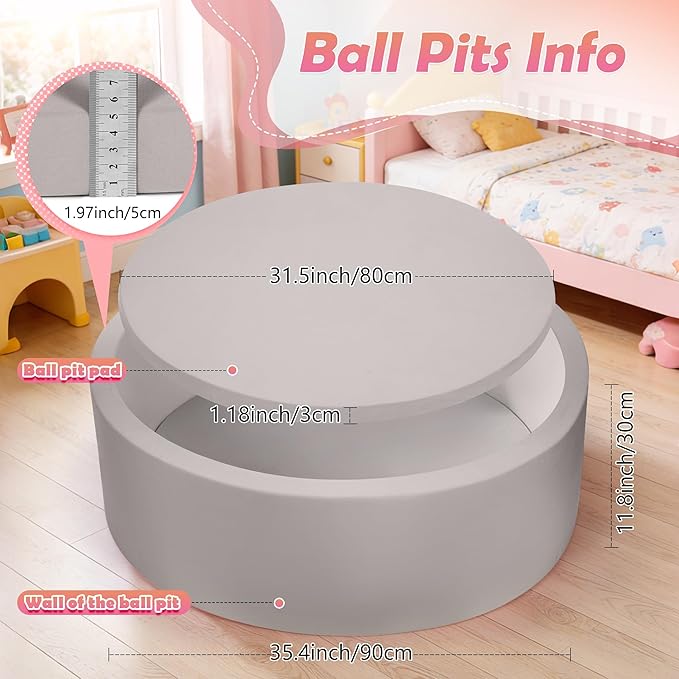 Foam Baby Ball Pit 35.4"x 11.8" for Toddlers, Soft Round Kiddie Playpen Ball Pool for Kids with Soft Memory Sponge for Babies Indoor Game(Balls not Included) Light Gray 35.4IN