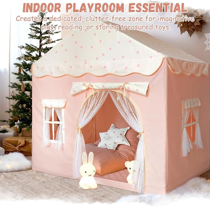 Kids Play Tent with Double Door Children's Playhouse Tents - Portable Fantasy Adventure Castle for Girls, Kids Tent with Mat, House Toys for Girl Birthday, Christmas House Gift