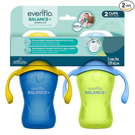 Evenflo Balance+ Trainer Cups for Babies 6+ Months, Blue and Green, 9oz, 2 Pack, Ergonomic Design with Ultra Soft Spout