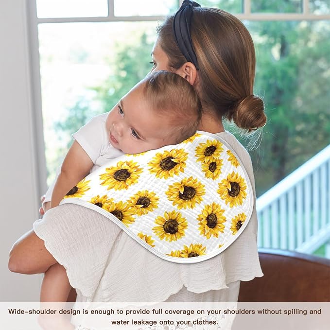 Muslin Burp Cloths for Baby Boys and Girls - 4-Pack Ultra Absorbent Sunflower Muslin Washcloths, Newborn Towel, Milk Spit Up Rags, Burp Cloth Bib for Unisex, 22 x 11 Inch
