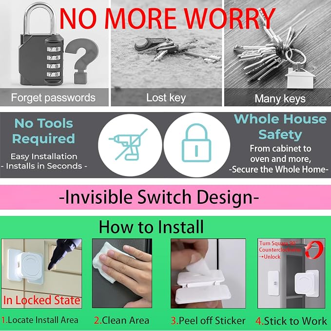 Corner & Flat Drawer Locks Baby Proofing, Refrigerator Lock Child Safety for Filing Cabinets Door Edges Oven Cupboard Kitchen Room, Fridge Latches Petproof for Toddler Cat, Upgarde Adhesive