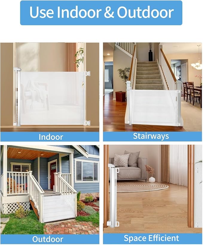 2-Pack Retractable Baby Gate for Stairs-33”Height, Expands up to 55”Width-Safety Gate for Infants, Toddlers, Dogs & Pets-Easy Install, Secure Closure, White Mesh Design for Indoor & Outdoor Use