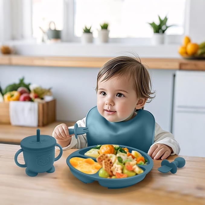 Baby Led Weaning Supplies, 8 Piece BPA-Free Silicone Feeding Set, Silicone Suction Bowl, Forks & Spoons, Bib & Cup, Develops Self Feeding Skills, Dishwasher Safe, for 6+ Months (Blue)