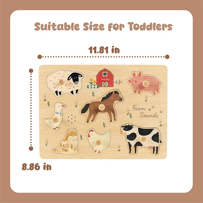 Freniland Farm Sound Puzzle for Toddlers, Wooden Farm Animal Puzzle with Realistic Sounds, Montessori Learning Toy for 18M+