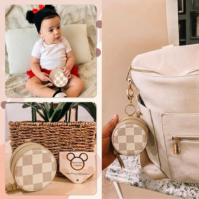 miss fong Checkered Pacifier Holder Case with Clip, Pacifier Pouch Cover, Pacifier Charm Pod with Clasp Attach to The Strollers & Diaper Bags, Hold 2 Pacifier or Nipple Shield(White Checkered)