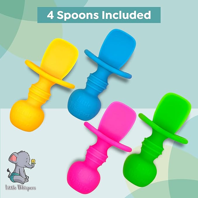 LittleWhispers Baby Silicone Spoons - Self Feeding 6 Months - Infant, Toddler, & Kid Friendly Utensils - First Stage, Baby Led Weaning - 4 Pack Utensil Set (Neon)