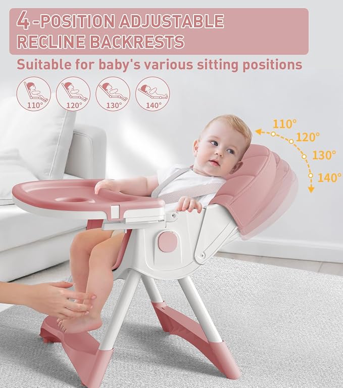 Baby High Chair, 5 in 1 High Chairs for Babies and Toddlers, Travel Foldable High Chair with Detachable PU Cushion, Double Removable Tray, Adjustable Height & Recline, Locking Wheels (Pink)