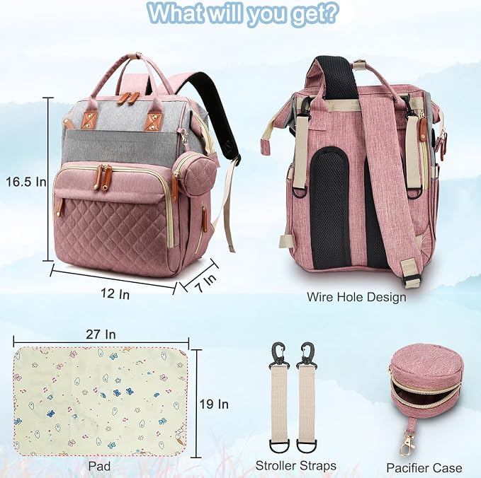 Black Diaper Bag Backpack, Multifunctional Waterproof Mommy Bag with Changing Pad, USB Port, Stroller Straps, Large Capacity Baby Travel Bag (dusty pink)
