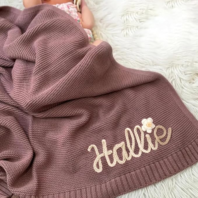 Luxury Personalized Name Baby Blanket, Hand-Embroidered Name Baby Blanket, Soft Breathable Cotton Knit Kids Blankets, Newborn Kid Gift, New Mom Gifts, Newborn Kids Girl & Boy Gift 8
