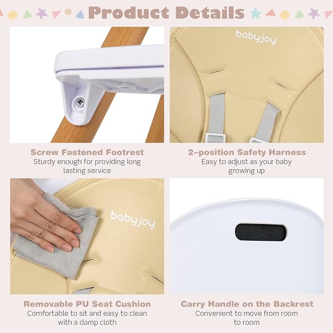 BABY JOY Convertible Baby High Chair, 3 in 1 Wooden Highchair/Booster/Chair with Removable Tray, Adjustable Legs, 5-Point Harness, PU Cushion and Footrest for Baby, Infants, Toddlers (Beige)