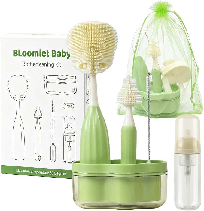 Baby Bottle Brush Set, Silicone Bottle Brush Cleaner with Nipple & Straw Brushes, Push-Press Bubble and Drying Rack for Bottle Cleaning,BPA-Free,Bottle Washer Brush for Breast Pump (Green)