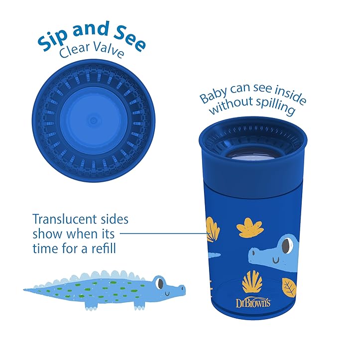 Dr. Brown's Milestones Cheers 360 Spoutless Transition Cup, Travel Friendly and Leak Free Sippy for Babies and Toddlers, Blue Animals, BPA-Free, 10 oz/300 mL, 9m+, 1-Pack