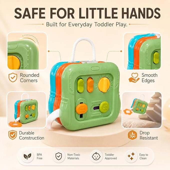 6-in-1 Montessori Busy Board for Toddlers 1-3, Sensory Activity Board with Fine Motor Skills Toys, Portable Travel Toy, Educational Learning Toy for Boys and Girls Ages 1-3