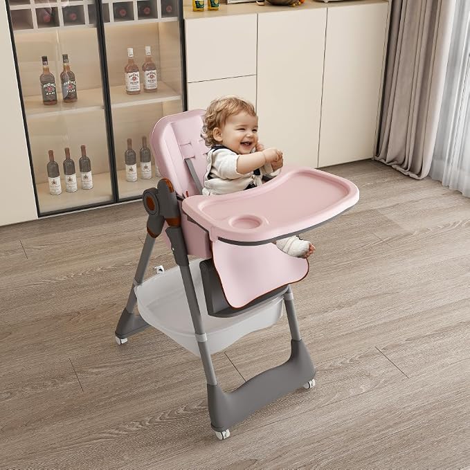 Portable Baby High Chair with 5-Level Height & 4-Tray Adjustments, 3-Position Recline, 12.8" Wide Seat (160lbs Capacity), Compact Fold for Home & Travel (6 Months-6 Years) (Pink)