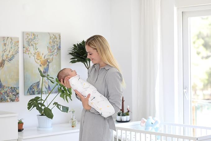 BaeBae Goods Swaddle Blanket, Adjustable Infant Baby Swaddling Wrap Set of 4, Baby Swaddling Wrap Blankets for Boys and Girls Made in Soft Cotton (Navy/Grey Triangles, 0-3 Months)