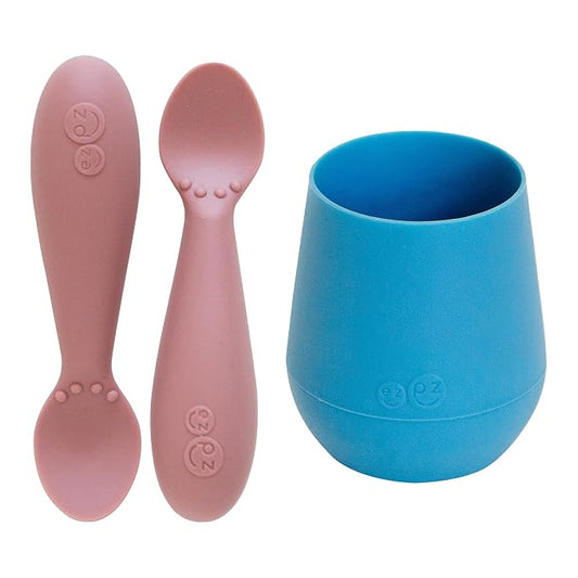 ezpz Tiny Cup (Blue) + Tiny Spoon (2 Pack in Blush) - baby essentials, cup and spoon