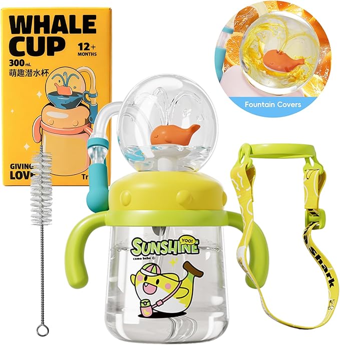Comobebe Whale Fountain Cup for Kids Toddlers: 10oz/300ml Spill Proof Toddler Sippy,Straw Cup with Handle & Strap, BPA-Free forsippy cups for toddlers 1-3,Kids Water Bottle (Yellow)