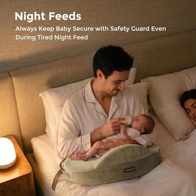 Momcozy Innovative Safety Guard Nursing Pillow - Firm & Springy Memory Foam - Stable, Ergonomic Support & Comfort - Wider Breastfeeding Cushion, Adjustable, Removable Cover, Green