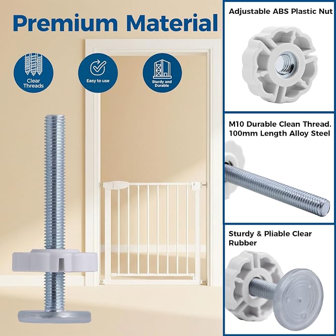 M10 Baby Gate Spindle Rods 4-Pack, Fits 10mm Holes Only, Not for M8, (10mm / 3/8") Extra Long 3.94" Replacement Parts for Pressure Mounted & Pet Safety Gates, White