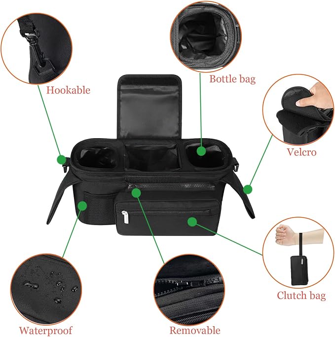 Universal Baby Stroller Organizer，with Heightened Insulated Cup Holder,Detachable Phone Bag,Shoulder Strap and Mesh Bag，Fits Most Strollers.