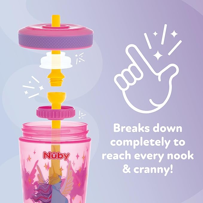 Nuby Thirsty Kids Super Sipper ??14oz No-Spill Toddler Cup with 360° Silicone Valve & Swivel Straw ??Leak-Resistant, Durable, Easy-Clean Design ??2 pk - Girls