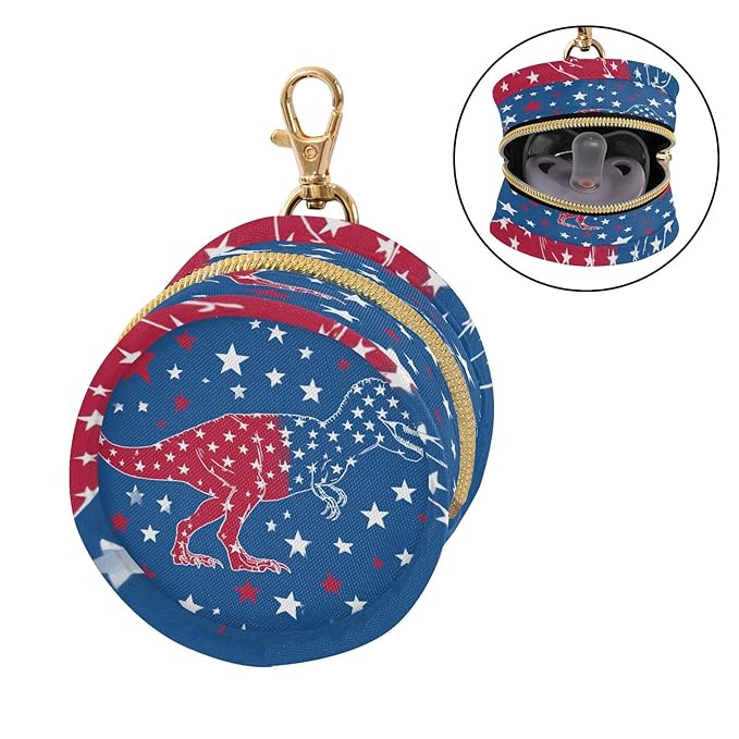 Pacifier Holder with Clip Pacifier Case for Diaper Bag Round Baby Pacifier Pouch Box Bag Portable July 4th T-rex and Us Flag Stars