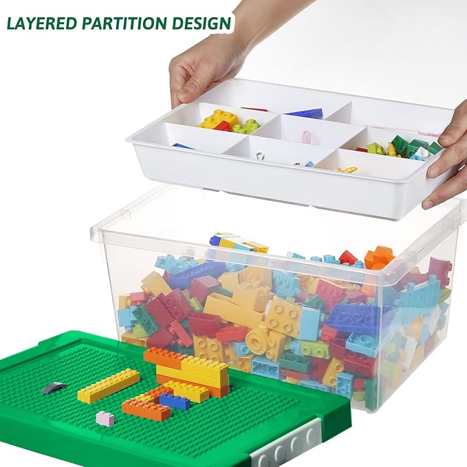 loobuu Plastic Storage Bins with Lids - 1 Set Stackable Arts Crafts Organizer Box with Removable Divided Tray &Compatible Building Baseplate,Toy Chest Containers for Bricks - (14.37"x9.64"x6.69")