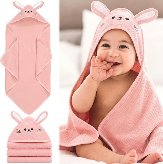 Mindsoft Muslin Hooded Baby Towel 100% Cotton Soft Absorbent Bath Towel with Cute Pink Bunny Design 32 x 32 Inch Muslin Baby Bath Essentials for Girl Babies Infant Toddler Kids