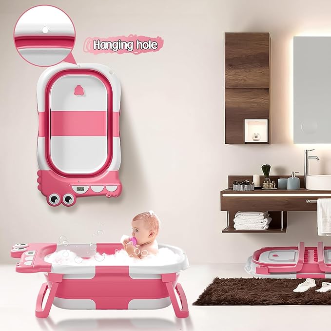 TPN Collapsible Baby Bathtub, Baby Bath Tub with Soft Cushion & Real-Time Thermometer, Baby Bathtub Infant to Toddler Tub (0-36 Months), Portable Newborn Travel Bath tub