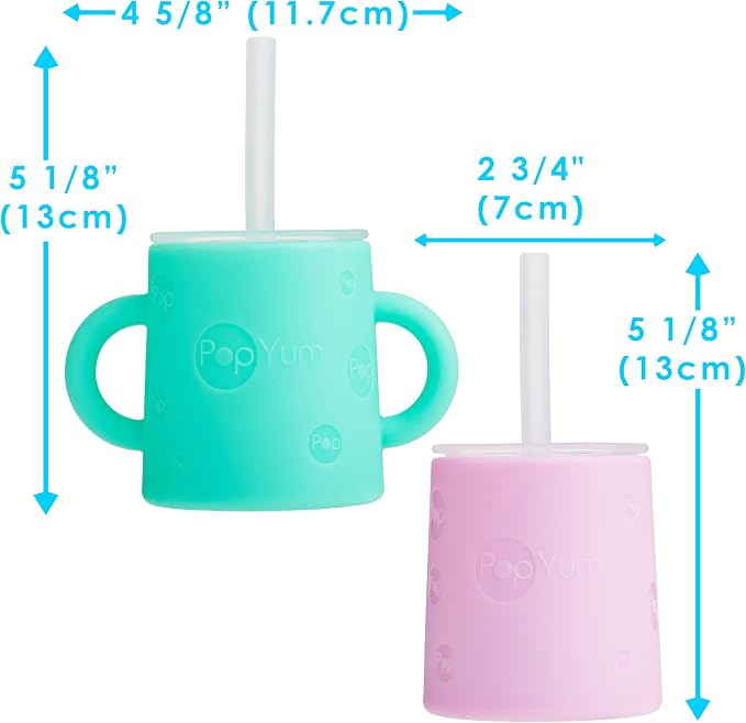 PopYum Silicone Training Cup with Straw + Lid, 2-Pack for Baby, Infant and Toddler, Tumbler, Sippy, handles, 5 ounce (green, pink)