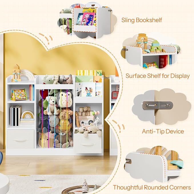 HOOBRO Toy Storage Organizer with Stuffed Animal Storage, 4-in-1 Toy Organizer & Stuffed Animal Zoo with Removable Drawers and 5 Cubes, Book Shelf for Kids Room, Playroom, Nursery, White WT36CW01
