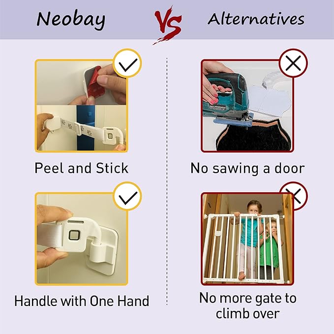 Neobay Magnetic Child Proof Door Lock & Adjustable Cat Door Latch, No Need for Interior Cat Door, Keeps Toddler Out of Litter Box, No-Drill Door Locks for Kids Safety, Easy Adult Access