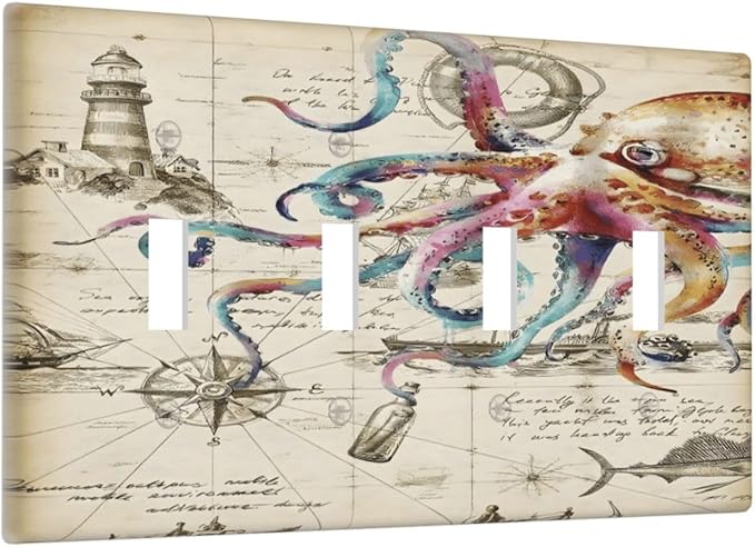 Cool Colorful Nautical Octopus Ocean Kraken Vintage Light Switch Covers Quad Toggle Electrical Faceplate 4 Gang Wall Plate Decorative Switch Plates Cover for Bathroom Farmhouse Decor