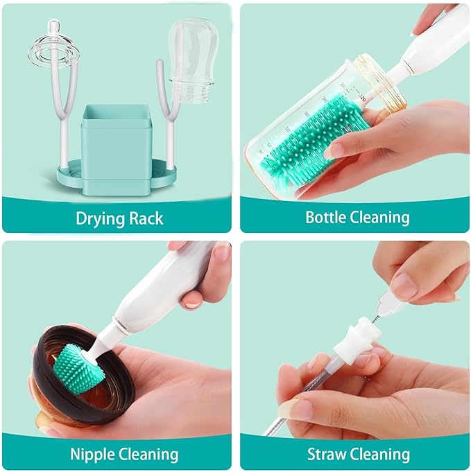 Electric Bottle Brush Cleaner, Portable & Rechargeable Electric Baby Bottle Brush Travel Kit??Nipple & Baby Straw Cleaner Brush,UV sterilized for Moms (Green)