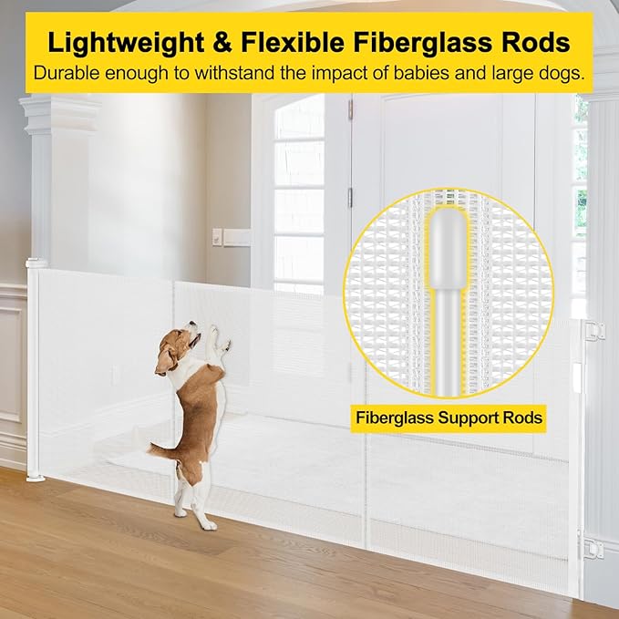 Reinforced 42??Tall x 200??Extra Long Retractable Baby Gates, Extra Tall Baby Gates for Dogs with Support Rods, Retractable Dog Gate for Wide Opening Pet Gate Indoor Outdoor, White