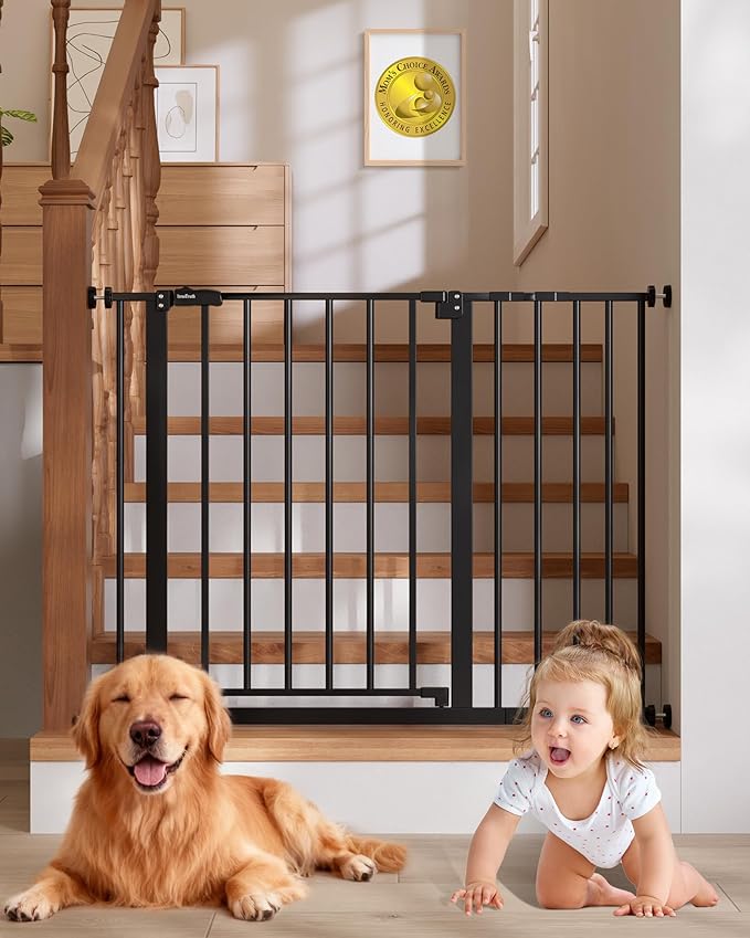 InnoTruth 29.5??0.75" Baby Gate for Stairs, 30" Tall Dog Gates for Doorways & Hallways, Safety Gate for Kids & Pets, Pressure-Mounted Walk-Through with Dual Lock & 2-Way Swing, Black