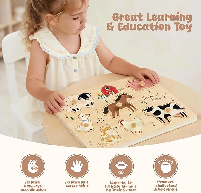 Freniland Farm Sound Puzzle for Toddlers, Wooden Farm Animal Puzzle with Realistic Sounds, Montessori Learning Toy for 18M+