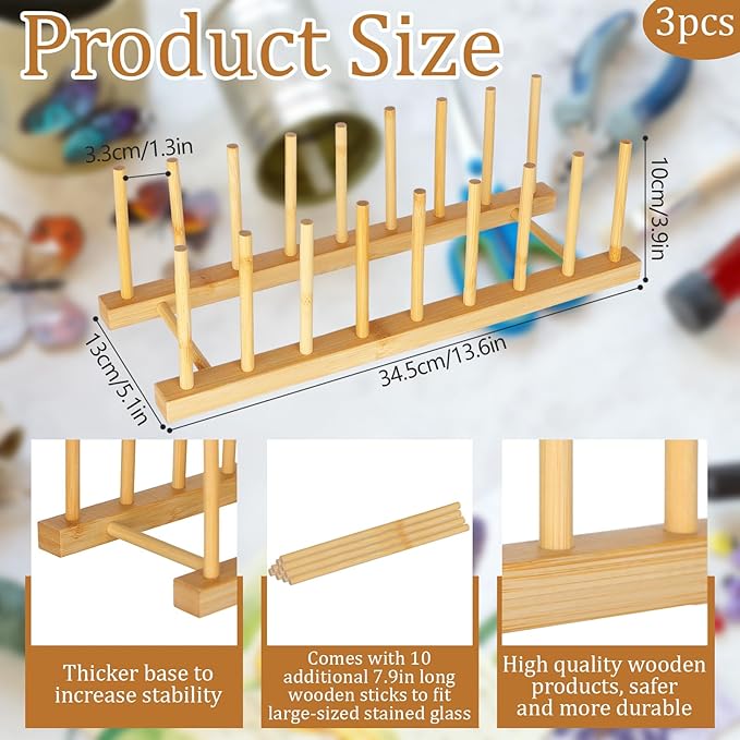 3Pack Stained Glass Organizer Bamboo Dish Plate Rack Wooden Dish Plate Stand Stained Glass Holder Space Saving Bamboo Drying Rack Baby Bottle Drying Rack, 8 Slots Organizer