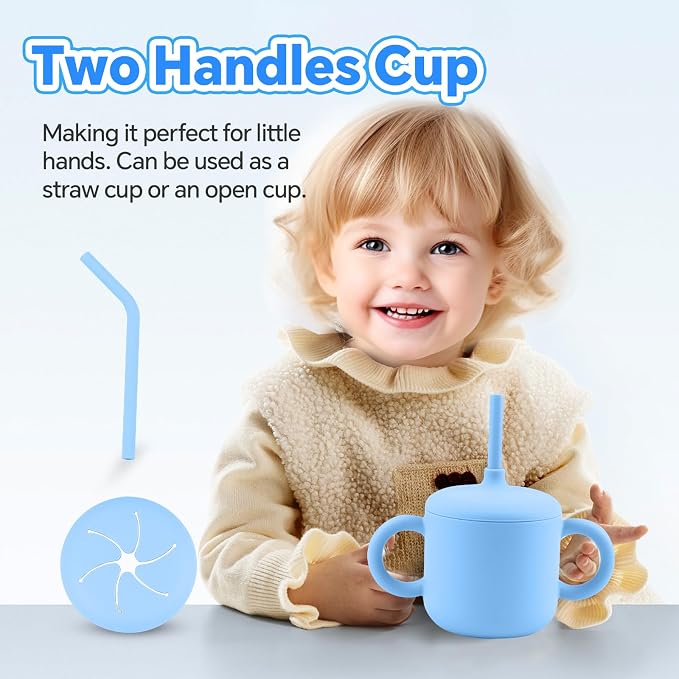 Silicone Baby Feeding Set, BPA Free Baby Feeding Essentials, Baby Suction Bowl, Plates, Bib, Sippy Cup, Spoons set, Baby Led Weaning Supplies to Develop Self-feeding Skills (Blue, With Lid)