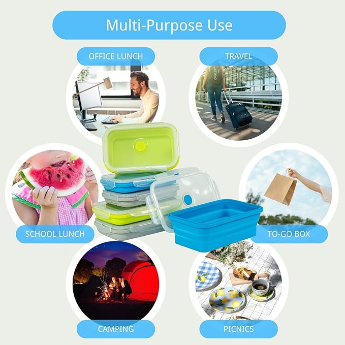 Plus 4PCS Foldable Silicone Food Storage Containers for Kitchen Storage for Leftovers Fruits and Meal Prep Dishwasher Safe Microwave Safe Ideal for Home and Travel (blue, 27OZ)