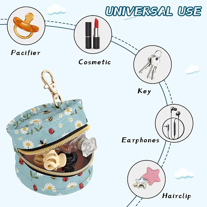 Bee Daisy Animal Blue Print Pacifier Holder Case with Metal Clip Portable Pacifier Box for Newborn Baby Girls