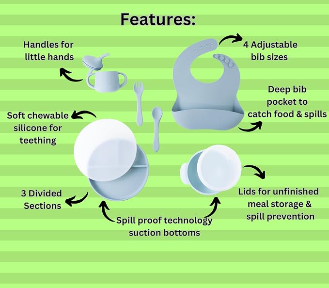 Silicone Baby Feeding Set| Silicone Divided Suction Plate and Bowl with Lids |Toddler Feeding Set| Training Cup with Straw|Fork Spoon Bib| Toddler Baby Led Weaning Supplies (Green)