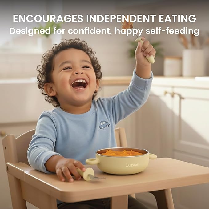 Lulyboo Stainless Steel & Silicone Toddler Feeding Bowl Set - Double-Layer Insulated, Non-Slip Base, Removable Insert, Easy-Grip Fork & Spoon for Easy Self-Feeding, Essential for Babies 6 Months+